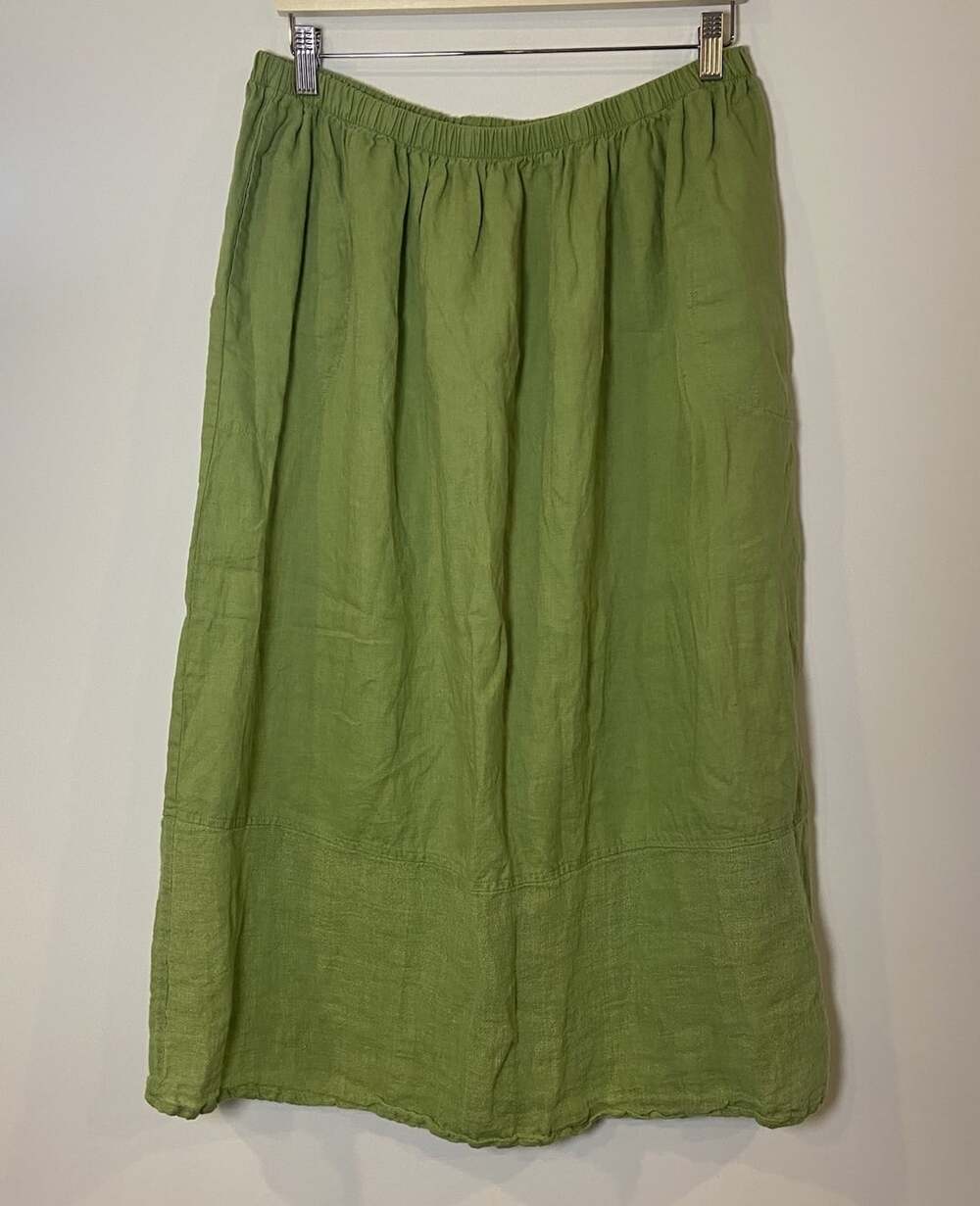 FLAX Midi Skirt 100% Linen Elastic Waist Lagenlook Minimalist Green 2G 22 24
